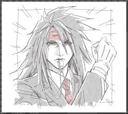  1boy black_hair black_jacket blowing_whistle border clenched_hand closed_mouth collared_shirt commentary emphasis_lines final_fantasy final_fantasy_vii final_fantasy_vii_remake gloves hair_between_eyes headband itarowo jacket long_hair long_sleeves male_focus necktie official_alternate_costume red_headband red_necktie serious shirt solo spiky_hair upper_body vincent_valentine whistle whistle_around_neck white_gloves white_shirt 
