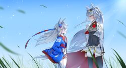  2girls ahoge animal_ears black_pantyhose blue_eyes blue_hairband blue_jacket blue_sky blue_sports_bra blush breasts brooch closed_mouth clothing_cutout commentary crop_top cropped_jacket ear_ornament english_commentary fingerless_gloves gloves grass grey_hair grey_leotard grey_tail hair_between_eyes hair_ornament hair_ribbon hairband headband highres hip_vent horse_ears horse_girl horse_tail jacket jewelry leotard lightning_bolt_print lightning_bolt_symbol long_hair long_sleeves midriff multicolored_hairband multiple_girls neckerchief official_alternate_costume oguri_cap_(cinderella_gray)_(umamusume) oguri_cap_(umamusume) open_mouth overskirt pants pantyhose poikra ponytail red_headband red_neckerchief ribbon shorts sky smile sports_bra star_brooch striped_clothes striped_hairband tail tamamo_cross_(umamusume) tamamo_cross_(with_lightning_speed)_(umamusume) two-tone_hairband umamusume umamusume:_cinderella_gray white_jacket white_pants white_shorts 