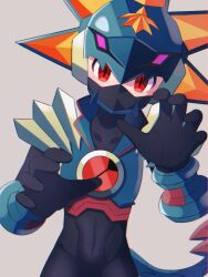  1boy arm_armor armor black_gloves breastplate cowboy_shot ea_exe0 forehead_jewel gloves green_armor green_helmet gregar_(mega_man) grey_background hand_up helmet highres looking_at_viewer male_focus mega_man_(series) mega_man_battle_network_(series) mega_man_battle_network_6 megaman.exe netnavi open_hands popped_collar red_eyes shoulder_pads simple_background solo tail 