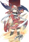  1girl bad_id bandana blaziken blue_eyes brown_hair crossed_arms epic fire gloves haruka_(pokemon) nishihara_isao odamaki_sapphire pokemon pokemon_(creature) scarf swellow thighhighs 