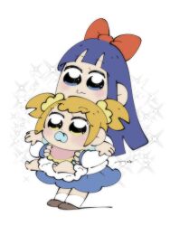  2girls :3 aged_down baby bib blonde_hair blue_hair blue_skirt bow brown_shoes carrying carrying_baby carrying_person commentary_request diaper full_body hair_bow hanbun_m long_hair multiple_girls pacifier pipimi poptepipic popuko red_bow shoes short_twintails simple_background skirt socks sparkle twintails very_long_hair white_background white_socks 