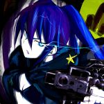  black_rock_shooter black_rock_shooter_(character) blue_eyes food gun jouyo midriff weapon yam 