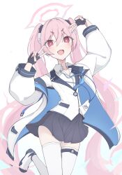  1girl black_skirt blue_archive blush commentary_request double_v fang foot_out_of_frame hair_between_eyes halo highres jacket koyuki_(blue_archive) long_hair matchadzuke open_clothes open_jacket partial_commentary pink_eyes pink_hair pink_halo pleated_skirt shirt skirt solo thigh-highs tongue twintails v v-shaped_eyebrows very_long_hair white_jacket white_shirt white_thighhighs 