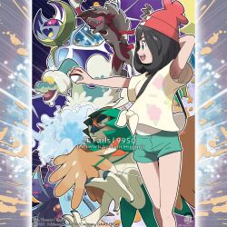  1girl alolan_ninetales aqua_eyes arm_behind_head arm_up artist_name bag black_eyes black_hair claws closed_mouth colored_sclera commentary company_name copyright_notice decidueye drampa english_commentary eyelashes fangs floral_print floral_print_shirt from_side green_shorts handbag hat highres instagram_username lunala lycanroc lycanroc_(midnight) medium_hair merchandise_available official_style open_mouth orange_pupils outline pokemon pokemon_(creature) pokemon_sm print_shirt red_hat selene_(pokemon) sharp_teeth shirt short_sleeves shorts skin_fangs smile spikes teeth tom_higgins tongue toxapex upper_teeth_only watermark white_outline yellow_eyes yellow_sclera yellow_shirt 
