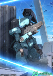  assault_visor card_(medium) commentary_request copyright_name copyright_notice dilanza energy_gun gun gundam gundam_arsenal_base gundam_suisei_no_majo holding holding_weapon horns mecha mobile_suit no_humans official_art robot serike_w solo weapon 