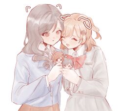  2girls :d ^_^ aijou_karen alstrolumia animal_ears arm_at_side black_hair black_necktie blue_jacket blush bow bowtie breast_pocket brown_eyes brown_hair brown_skirt buttons cat_ears character_doll closed_eyes collared_shirt commentary crown_hair_ornament dog_ears doll drawn_ears grey_jacket grey_skirt hair_ornament hair_over_shoulder hairclip hand_up heads_together heart highres holding holding_doll jacket long_hair long_sleeves looking_at_object looking_down multiple_girls necktie notice_lines open_clothes open_jacket open_mouth parted_lips pleated_skirt pocket red_bow red_bowtie school_uniform seishou_music_academy_uniform shirt short_hair shoujo_kageki_revue_starlight simple_background skirt smile standing symbol-only_commentary two_side_up upper_body white_background white_shirt yanagi_koharu yuri 