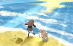  >_< 2girls ahoge beach black_cardigan black_socks black_thighhighs blue_skirt brown_hair brown_shoes brown_skirt cardigan commentary english_commentary evil_neuro-sama from_behind full_body highres holding holding_shell kicking kneehighs light_rays light_reflection_(water) loafers long_hair long_sleeves miniskirt multiple_girls neuro-sama ocean outstretched_arms partially_buried planted planted_shovel pleated_skirt sand_sculpture shadow shell shoes shore shovel siblings sisters skirt socks sparkle squatting standing standing_on_one_leg thigh-highs turtle twins two_side_up vedal987 vedal_ai wide_shot yellow_cardigan zs_in_china 