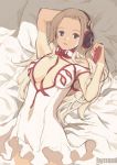  blonde_hair breasts center_opening collar dj_max_portable dress el_(dj_max_portable) grey_eyes hand_behind_head headphones long_hair lying moai_(aoh) moai_(pixiv196778) no_bra off_shoulder on_back original pillow ribbon solo 