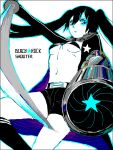  bad_id black_hair black_rock_shooter black_rock_shooter_(character) blue_eyes breasts kai_(pixiv93444) midriff navel solo sword twintails under_boob underboob weapon 