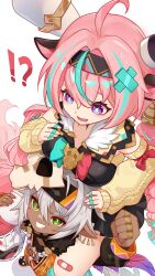  !? 2girls absurdres ahoge animal_ears aqua_hair bandaid bell black_skirt bow braid breasts bright_pupils carrying clenched_hand commentary_request cow_ears cow_girl cow_horns cow_tail cowbell dark-skinned_female dark_skin detached_sleeves earrings from_above fur_trim genshin_impact green_eyes grey_hair hair_between_eyes hair_ornament hairband headband highres horns iansan_(genshin_impact) jewelry leg_warmers long_hair m-1ng multicolored_hair multiple_girls open_mouth orange_shirt pink_hair pointy_ears shirt shoes shoulder_carry single_thighhigh skirt skull_hair_ornament sleeves_past_wrists smile sneakers streaked_hair sweatdrop tail thigh-highs twin_braids varesa_(genshin_impact) violet_eyes white_background white_leg_warmers yellow_sleeves 