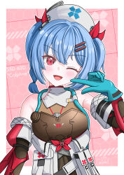  1girl ;d absurdres bare_shoulders blue_gloves blue_hair blush braid breasts character_name colphne_(girls'_frontline_2) colphne_(silent_heart)_(girls'_frontline_2) commentary_request covered_navel detached_sleeves gamel_120 girls'_frontline_2:_exilium girls_frontline gloves hair_between_eyes hair_ornament hairclip hand_up happy hat highres jacket looking_at_viewer medium_hair nurse_cap one_eye_closed pointing pointing_at_self red_eyes skin_tight small_breasts smile solo twin_braids twintails upper_body white_jacket 