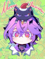  1boy :> animal_on_head animalization black_cat black_horns bow bright_pupils cat cat_on_head chest_jewel closed_mouth collar colored_eyelashes copyright_name cropped_torso dated diamond-shaped_pupils diamond_(shape) dragon_boy dragon_horns durin_(genshin_impact) eromkk error_message facial_mark feathers forehead_mark fur-trimmed_headwear fur_trim gem genshin_impact green_background hair_between_eyes hashtag-only_commentary hat heart highres horns light_blush looking_at_viewer male_focus merry_christmas on_head pink_eyes pom_pom_(clothes) purple_hair purple_vest red_gem red_hat santa_hat scaramouche_(cat)_(genshin_impact) scaramouche_(genshin_impact) shooting_star smile star_(symbol) string symbol-shaped_pupils tareme twitter_username vest white_collar white_pupils window_(computing) yellow_feathers 