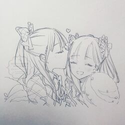  2girls 5th_live_tour_~4pair_power_spread!!!!~ ^_^ blush bow bowtie closed_eyes commentary_request cotton_candy dollchestra food graphite_(medium) greyscale hair_bow half_updo highres holding holding_cotton_candy holding_food jacket kachimachi_kosuzu kiss kissing_forehead link!_like!_love_live! long_hair love_live! monochrome multiple_girls murano_sayaka open_mouth plaid_clothes plaid_jacket riko_(1017rikopinpon) sidelocks sugar_melt_(love_live!) taiyou_de_are! traditional_media twintails virtual_youtuber 