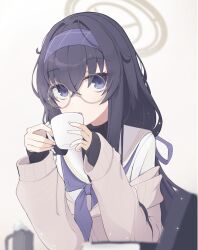  1girl black_hair blue_archive blurry brown_halo brown_sweater commentary_request cup depth_of_field glasses hair_between_eyes hairband halo highres holding holding_cup looking_at_viewer matchadzuke mug necktie purple_hairband purple_necktie round_eyewear sailor_collar shirt solo sweater ui_(blue_archive) violet_eyes white_sailor_collar white_shirt yellow-framed_eyewear 