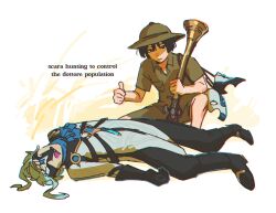  2boys :d alternate_costume antique_firearm aqua_hair arm_at_side ascot black_boots black_eyes black_gloves black_hair black_mask black_pants blue_ascot blue_mask blunderbuss blunt_ends boots bright_pupils clenched_hand closed_mouth coat commentary corpse dottore_(genshin_impact) english_commentary english_text eye_mask eyeliner eyeshadow facing_up fenkko genshin_impact gloves grass grey_hat grey_sleeves gun half_mask hat helmet highres holding holding_gun holding_weapon jacket light_smile long_sleeves looking_at_viewer lying makeup male_focus mask multiple_boys on_back pants pelvic_curtain pith_helmet red_eyeliner red_eyeshadow safari_jacket scaramouche_(genshin_impact) sharp_teeth short_sleeves sidelocks smile squatting teeth thumbs_up tongue tongue_out two-tone_mask weapon white_coat white_mask white_pupils white_sleeves 