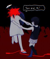  1boy 1girl antenna_hair bare_arms bare_shoulders barefoot black_background black_hair black_shorts black_socks black_tank_top brother_and_sister censored censored_identity closed_eyes collared_shirt colored_skin commentary dancing dress english_text facing_another gradient_background hair_between_eyes highres holding_hands jump_rope kneehighs long_hair mari_(omori) mari_(spirit)_(omori) multicolored_shorts musical_note omo_taru omori omori_(omori) red_background shirt short_hair short_sleeves shorts siblings simple_background skirt smile socks something_(omori) speech_bubble spoilers standing standing_on_one_leg striped_clothes striped_shorts symbol-only_commentary tank_top two-tone_shorts vertical-striped_clothes vertical-striped_shorts white_dress white_shorts white_skin 