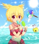  :&lt; armband bell bikini blonde_hair blush blush_stickers bracelet cat dolfini head_wings jewelry jingle_bell lola navel necklace open_mouth pangya pendant popsicle puff red_eyes short_hair sky summer sun swimsuit tankini tattoo wading water 