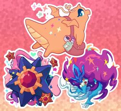  aqua_eyes bag bag_charm bright_pupils brown_bag charm_(object) claws commentary dinosaur dragon dragonite english_commentary fat fish gem gorebyss heart highres lexivine long_hair luvdisc messenger_bag no_humans open_mouth outline pokemon pokemon_(creature) pokemon_focus pokewalker purple_hair red_eyes red_gem shoulder_bag sparkle star_(symbol) starfish starmie staryu substitute_(pokemon) virtual_pet_(toy) walking_wake white_outline white_pupils 