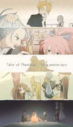  3girls 4boys absurdres arche_klein blonde_hair blue_bow body_markings bow brown_hair campfire chester_burklight claus_f._lester closed_eyes commentary_request cress_albane dhaos_(tales) facing_away fingerless_gloves from_behind fujibayashi_suzu furrowed_brow gloves grey_hair hair_between_eyes hair_bow hat headband highres holding holding_staff long_hair low_ponytail macha_(macha3635toa) mint_adenade multiple_boys multiple_girls multiple_views nurse_cap pants parted_bangs pink_eyes pink_hair pink_pants ponytail quiver red_headband robe shop short_hair staff tales_of_(series) tales_of_phantasia veil weapon_shop white_gloves white_hat white_robe white_veil yawning 