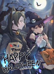  2girls animal_ears bang_dream! bang_dream!_it's_mygo!!!!! bat_(animal) bell black_hair black_shirt black_vest blue_eyes braid breasts closed_mouth commentary dress_shirt earclip fake_animal_ears full_moon hair_between_eyes halloween halloween_costume hat highres jack-o'-lantern joker_(jjjokerrr233) long_hair long_sleeves medium_breasts moon multiple_girls neck_bell open_mouth panda_ornament purple_hat shiina_taki shirt side_braid symbol-only_commentary trick_or_treat vest violet_eyes witch_hat yahata_umiri 