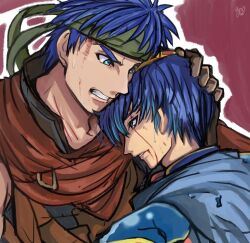  2boys blood blood_on_face blue_eyes blue_hair clenched_teeth commentary_request fire_emblem fire_emblem:_mystery_of_the_emblem fire_emblem:_radiant_dawn green_headband hand_on_another's_head headband ike_(fire_emblem) male_focus marth_(fire_emblem) multiple_boys rem_(eyes_410) short_hair teeth tiara 