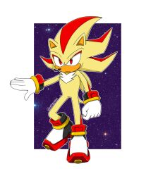  1boy animal_nose ankle_cuffs artist_name black_shoes border chest_fur clenched_hand closed_mouth commentary english_commentary full_body furry furry_male gloves gold_ring hedgehog_boy highres inhibitor_rings jewelry looking_at_viewer male_focus multicolored_fur multicolored_shoes multiple_rings outline outstretched_arm red_eyes red_fur ring serious shadow_the_hedgehog shoes solo sonic_(series) space standing star_(sky) starry_sky_background super_shadow tail tan tsurime twitter_username two-tone_fur waitochan white_border white_gloves white_outline white_shoes yellow_fur 