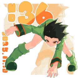  1boy beer611gold boots brown_eyes dated full_body gon_freecss green_boots green_hair green_jacket green_shorts hand_on_floor highres hunter_x_hunter jacket looking_at_viewer male_focus numbered polka_dot pose_request short_hair shorts solo spiky_hair zoom_layer 