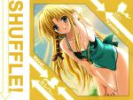  bent_over blonde_hair blush braid breasts casual_one-piece_swimsuit cleavage green_eyes halterneck kareha leaning_forward long_hair one-piece_swimsuit pointy_ears shuffle shuffle! side_braid smile suzuhira_hiro swimsuit wallpaper 