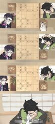  2boys black_hair black_jacket board_game bracelet character_name clenched_teeth closed_eyes closed_mouth collared_shirt corbeau_(pokemon) glasses green_jacket highres jacket jewelry looking_down male_focus multiple_boys necktie open_clothes open_jacket paxton_(pokemon) pkmnrkgk pokemon pokemon_legends:_z-a purple_shirt shirt shogi short_hair sweat teeth translation_request white_shirt 