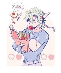  1boy apple bag baguette battle_tendency blonde_hair blue_eyes blue_shirt bread caesar_anthonio_zeppeli carrot clothing_cutout commentary_request crew_neck cropped_legs facial_mark fake_head_wings fingerless_gloves food fruit glove_cutout gloves gogeyama grey_pants groceries grocery_bag hair_behind_ear headband highres holding holding_bag holding_food image_in_speech_bubble jojo_no_kimyou_na_bouken knife lettuce looking_to_the_side male_focus mullet open_mouth pants parted_bangs plastic_bag shirt shirt_tucked_in shopping_bag sideways_glance solo tomato 