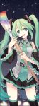  art_brush brush detached_sleeves face frills giant_brush green_eyes hatsune_miku long_hair miracle_paint_(vocaloid) multicolored_hair musical_note nail_polish necktie notes paintbrush skirt sky solo star star_(sky) starry_sky stars tearfish thigh-highs thighhighs twintails two-tone_hair vocaloid wide_hips 