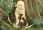  bare_shoulders blonde_hair blue_eyes bow_(weapon) detached_sleeves elf kaizeru kneeling long_hair pointy_ears thigh-highs thighhighs weapon 