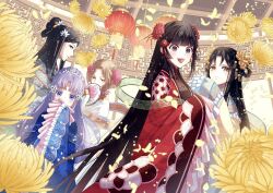 >:) 5girls :d architecture black_hair black_shirt blue_eyes blue_hanfu blunt_bangs braid braided_bangs braided_bun brown_eyes brown_hair chinese_clothes chrysanthemum closed_mouth colored_eyelashes covering_own_mouth cowboy_shot day double_bun dragon_print east_asian_architecture expressionless falling_petals floral_print flower flower_in_eye freckles frilled_sleeves frills futsutsukana_akujo_de_wa_gozaimasu_ga gen_kasui green_shawl grey_hanfu grey_shawl hair_bun hair_flower hair_ornament hair_rings half-closed_eyes hand_fan hand_to_own_mouth hanfu highres hime_cut holding holding_fan kin_seika kou_reirin lattice light_particles lineup long_hair long_sleeves looking_at_viewer mole mole_under_eye multiple_girls official_art ohitsuji_ei orange_hanfu orange_shawl parted_bangs patterned_clothing peony_(flower) petals pink_lips profile purple_hair purple_shawl ran_houshun red_hanfu red_robe robe see-through_clothes see-through_shawl shawl shirt shu_keigetsu sidelocks sideways_glance single_hair_bun sleeves_past_fingers sleeves_past_wrists smile standing symbol_in_eye tangzhuang tassel tassel_hair_ornament teeth tuanshan upper_teeth_only v-shaped_eyebrows very_long_hair violet_eyes wavy_hair white_hanfu wide_sleeves yellow_petals 
