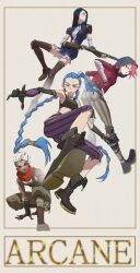  1boy 3girls absurdres arcane:_league_of_legends arcane_caitlyn arcane_jinx arcane_vi arm_tattoo armor bandaged_arm bandaged_hand bandaged_leg bandages bandaid bandaid_on_leg bare_shoulders black_boots black_gloves black_shirt blue_dress blue_eyes blue_hair boots braid breasts brown_boots caitlyn_(league_of_legends) cloud_tattoo copyright_name crop_top crossed_bandaids dark-skinned_male dark_skin dreadlocks dress ekko_(league_of_legends) elbow_gloves facial_mark firelight_ekko floating full_body furrowed_brow gloves grey_background grey_pants gun hair_over_one_eye hands_in_pockets hashtag-only_commentary highres holding holding_gun holding_weapon hood hood_up jacket jinx_(league_of_legends) league_of_legends long_hair medium_breasts midriff multiple_girls pants pink_hair purple_pants red_jacket red_scarf scarf shirt short_dress short_hair shoulder_armor sleeveless sleeveless_shirt squatting striped_clothes striped_pants tattoo thigh_boots twin_braids very_long_hair vi_(league_of_legends) weapon white_hair yiguanli123 