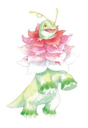  antennae colored_skin flower full_body green_skin highres long_neck mega_meganium mega_pokemon meganium mint_nappa neck_flower no_humans open_mouth pokemon pokemon_(creature) pokemon_focus sauropod simple_background solo tail white_background yellow_eyes 