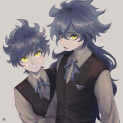  2boys black_vest blue_eyeshadow blue_lips blue_ribbon brothers collared_shirt commentary_request eyeshadow grey_background highres idia_shroud long_hair looking_at_viewer makeup male_focus multiple_boys ortho_shroud ribbon saku_(dodongagerogero) shirt short_hair siblings simple_background twisted_wonderland upper_body vest white_shirt yellow_eyes 