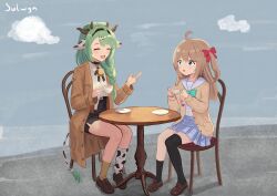  2girls :d absurdres ahoge animal_ears aqua_bow aqua_bowtie asymmetrical_bangs bangs_pinned_back bell black_choker black_hairband black_ribbon black_skirt black_thighhighs blue_eyes blue_sailor_collar blue_serafuku blue_skirt blue_sky blunt_bangs bow bowtie braid brown_coat brown_hair brown_shoes brown_socks cardigan chair choker clouds coat collared_shirt cow_ears cow_girl cow_horns cow_print_socks cow_tail cowbell crelly cup full_body green_hair hair_between_eyes hair_ornament hair_over_shoulder hair_ribbon hairband hand_up happy heart heart_hair_ornament high-waist_skirt highres holding holding_cup horns indie_virtual_youtuber kneehighs knees_together_feet_apart loafers long_hair long_sleeves looking_at_another miniskirt mismatched_socks multiple_girls neck_bell neck_ribbon neuro-sama on_chair open_cardigan open_clothes open_mouth outdoors pleated_skirt red_ribbon ribbon sailor_collar saucer school_uniform serafuku shadow shirt shirt_partially_tucked_in shoes side_slit single_braid single_loose_sock sitting skirt sky smile socks sulwyn_vt table tail tea teacup thigh-highs trench_coat two_side_up underbust vedal_ai virtual_youtuber white_shirt wooden_chair wooden_table x_hair_ornament yellow_cardigan 