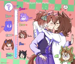  6+girls :d :o ? ^_^ agnes_tachyon_(umamusume) ahoge animal_ears arms_around_neck black_hair blush bow bowtie brown_hair closed_eyes commentary_request daiwa_scarlet_(umamusume) dantsu_flame_(umamusume) ear_covers earrings face-to-face flying_sweatdrops fuji_kiseki_(umamusume) gloom_(expression) gradient_hair hair_between_eyes hairband highres horse_ears horse_girl horse_tail huge_ahoge jewelry jungle_pocket_(umamusume) kiss kiss_meter_(meme) korean_commentary korean_text lab_coat long_sleeves manhattan_cafe_(umamusume) mazu1kan medium_hair meme multicolored_hair multiple_girls musical_note open_mouth pink_background pink_hairband pleated_skirt purple_shirt purple_skirt red_eyes school_uniform shirt single_earring skirt sleeves_past_fingers sleeves_past_wrists smile spoken_musical_note sweat tail test_tube tracen_school_uniform twintails twitter_username umamusume white_bow white_bowtie white_hair 
