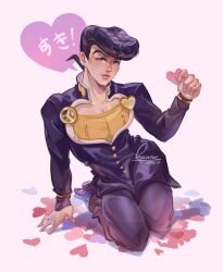  1boy anchor_ornament blue_eyes brooch coat dated diamond_wa_kudakenai earrings english_commentary full_body gakuran heart heart_brooch higashikata_josuke high_collar highres holding jewelry jojo_no_kimyou_na_bouken kneeling looking_at_viewer male_focus pants peace_symbol pompadour purple_coat purple_hair purple_pants school_uniform seiza shirt signature sitting solo stud_earrings thehanniebunny translation_request valentine violet_eyes yellow_shirt zipper 