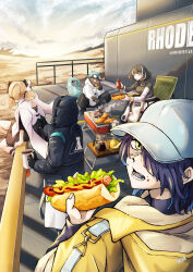  1boy 1other 3girls arknights asbestos_(arknights) black_pants blonde_hair commentary_request cup desert doctor_(arknights) ethan_(arknights) food hair_over_one_eye hat highres holding holding_food hood hood_up hot_dog ifrit_(arknights) jacket ketchup ketchup_bottle lettuce magallan_(arknights) mug multiple_girls mustard open_mouth pants peppsi_(saba_sabasuk0) short_twintails squatting twintails white_hat white_jacket yellow_jacket 