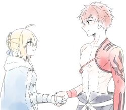 1boy 1girl abs ahoge artoria_pendragon_(fate) blaulilie110 blonde_hair blue_cape braid bridal_gauntlets bun_with_braided_base cape commentary_request detached_sleeves emiya_shirou fate/grand_order fate_(series) fur-trimmed_cape fur_trim green_eyes hair_bun hair_ribbon handshake navel orange_eyes red_hair ribbon saber_(fate) senji_muramasa_(fate) single_detached_sleeve single_hair_bun toned toned_male wristband 