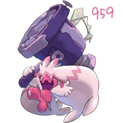  1girl colored_skin hammer holding holding_hammer holding_weapon jumping long_hair multicolored_hair no_humans okiza_yuuri open_mouth pink_hair pink_skin pokemon pokemon_(creature) simple_background solo tinkaton twintails two-tone_hair violet_eyes war_hammer weapon white_background white_hair 