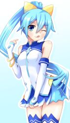  1girl blue_skirt blush choujigen_game_neptune closed_mouth daenu elbow_gloves gloves highres long_hair looking_at_viewer neptune_(series) one_eye_closed ponytail sega_hatsumi shirt skirt sleeveless sleeveless_shirt smile solo thigh-highs tongue tongue_out very_long_hair white_gloves white_shirt white_thighhighs 