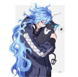  1boy animal black_jacket blue_eyes blue_fire blue_hair border cat closed_eyes commentary_request fire grim_(twisted_wonderland) headphones headphones_around_neck highres holding holding_animal holding_cat idia_shroud jacket lipstick long_hair long_sleeves makeup male_focus saku_(dodongagerogero) sharp_teeth signature solo spoken_squiggle squiggle teeth twisted_wonderland upper_body white_border 