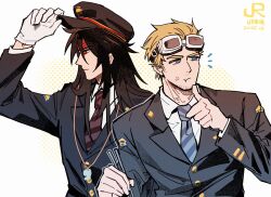  2boys adjusting_clothes adjusting_headwear arm_up batphone1939 black_hair black_hat black_jacket black_suit blonde_hair blue_eyes blue_necktie cid_highwind commentary dated eating facial_hair facing_to_the_side final_fantasy final_fantasy_vii final_fantasy_vii_remake food food_on_face gloves goggles goggles_on_head hat headband highres jacket japan_railways long_hair long_sleeves male_focus multiple_boys necktie notice_lines official_alternate_costume peaked_cap red_eyes red_headband short_hair signature striped_necktie suit symbol-only_commentary upper_body very_short_hair vincent_valentine whistle whistle_around_neck white_gloves 