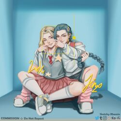  2girls absurdres blue_eyes blue_hair commentary commission facial_recognition grey_shoes grey_sweater_vest hair_ornament hairclip highres holding_another's_hair jinx_(league_of_legends) kneehighs league_of_legends leg_warmers long_hair long_sleeves lux_(league_of_legends) multiple_girls necktie pink_eyes pink_leg_warmers red_necktie rhemie shirt shoes sitting socks sweater_vest white_shirt white_socks yuri 