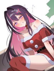  1girl :d asymmetrical_sidelocks azki_(hololive) bare_shoulders bell belt black_belt black_hair blush colored_inner_hair commentary_request double-parted_bangs dress dutch_angle fang fur-trimmed_dress fur-trimmed_thighhighs fur_trim grin hair_intakes hair_ornament hairclip highres hololive long_hair looking_at_viewer mole mole_under_eye multicolored_hair neck_bell off-shoulder_dress off_shoulder pink_hair pink_streaks pom_pom_(clothes) red_thighhighs santa_costume santa_dress short_dress sidelocks sitting skin_fang smile solo strapless strapless_dress streaked_hair thigh-highs tipsy very_long_hair violet_eyes virtual_youtuber white_streaks you06 
