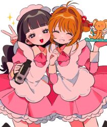  +_+ 2girls :d ^_^ antenna_hair apron black_eyes black_hair blunt_bangs camcorder camera cardcaptor_sakura closed_eyes commentary cowboy_shot daidouji_tomoyo dress enmaided facing_viewer food fork frilled_dress frills fruit grin hair_bobbles hair_intakes hair_ornament hand_up holding holding_camera juliet_sleeves kero_(cardcaptor_sakura) kinomoto_sakura long_hair long_sleeves looking_at_viewer maid maid_headdress multiple_girls open_mouth orange_hair pink_dress puffy_sleeves sanamaru_(sana79261827) short_hair simple_background smile sparkle strawberry symbol-only_commentary two_side_up v video_camera white_apron white_background 