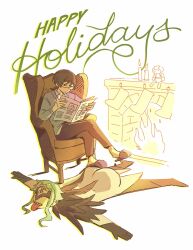  2boys alternate_costume aqua_hair ass bespectacled black_boots black_eyes black_feathers black_gloves black_hair black_mask black_pants blunt_ends boots candle candlelight casual closed_mouth coat coattails collared_shirt commentary contemporary corpse couch crossed_legs doll dottore_(genshin_impact) english_commentary english_text eye_mask facing_to_the_side feather_cape feathers fenkko fire fireplace genshin_impact glasses gloves grey_sleeves grey_slippers grey_sweater happy_holidays head_down highres holding holding_newspaper huge_ass indoors looking_at_object lying mask multiple_boys newspaper on_couch on_stomach open_hands outstretched_arms pants reading rug scaramouche_(genshin_impact) sharp_teeth shirt sidelocks sitting slippers sweater teeth tongue tongue_out undershirt white_coat white_shirt wispy_bangs 