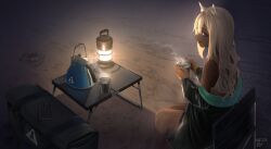  alternate_costume arknights black_coat black_nails camel_ears camel_girl camping_chair chair coat commentary_request cup dark-skinned_female dark_skin desert electric_kettle fluorescent_lamp folding_chair folding_table hair_down highres holding holding_cup kettle lantern ledge000 looking_at_viewer looking_back mug night open_mouth outdoors sand steam table tuye_(arknights) white_hair 